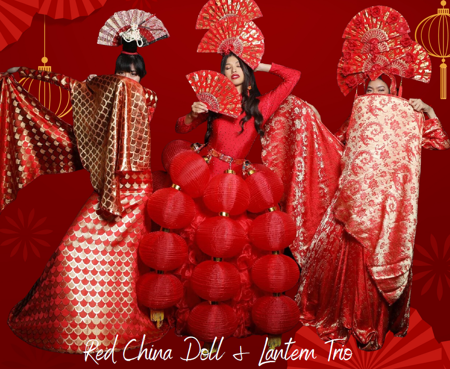 Red China Doll & Lantern Trio - Chinese New Year - Human Statue Bodyart