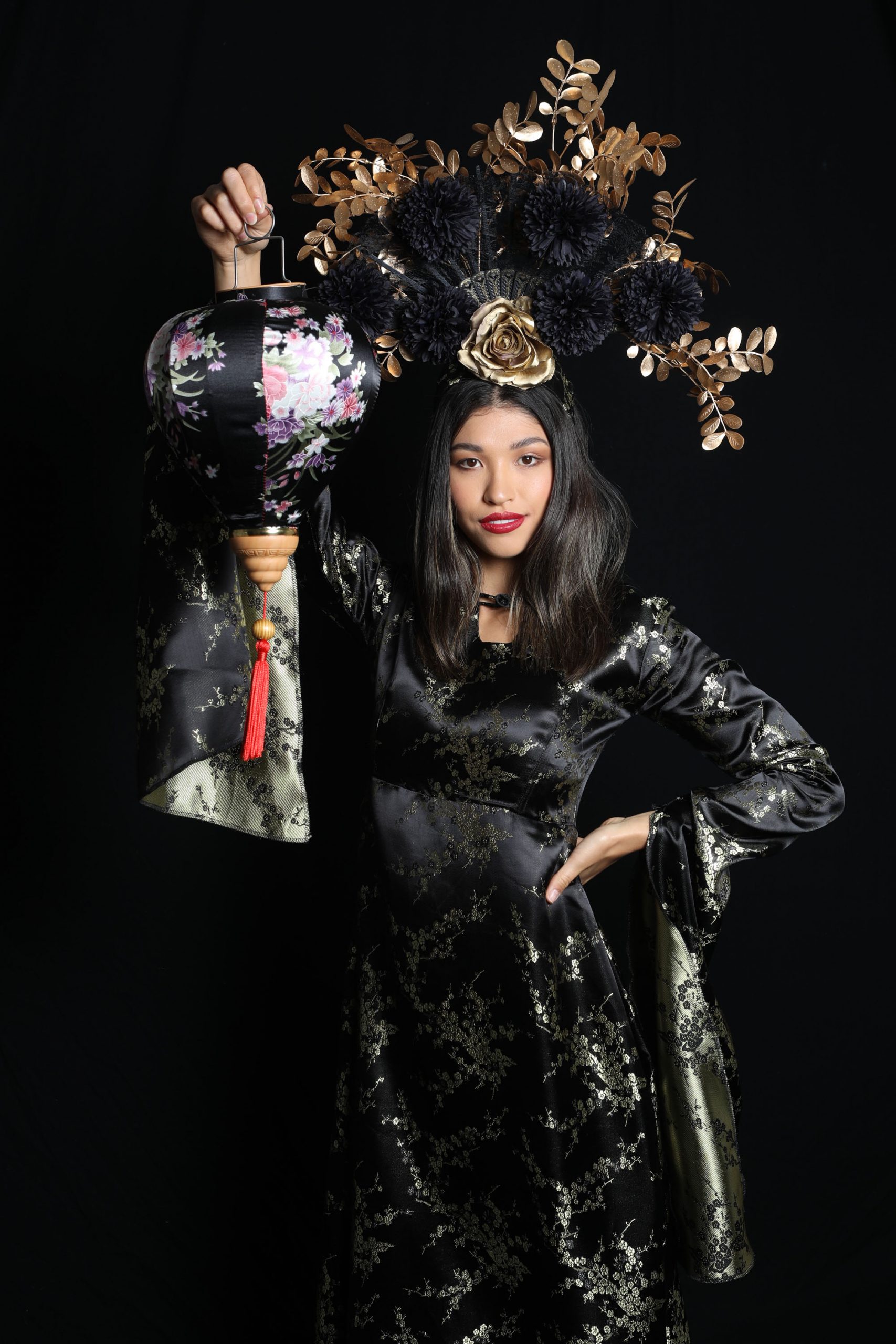 Black and Gold Cherry Blossom Silk Lantern Princess - Human Statue Bodyart